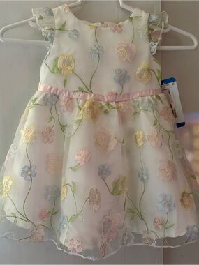 Rare Editions White Dress with Pastel Floral Embroidery